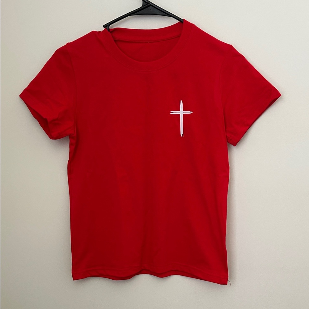Boys Red T-Shirt with White Cross Design Jesus died for me now I live for him